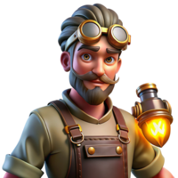 elegant abstract A portrait of a steampunk blacksmith with intricate goggles, leather apron, and glowing brass tools, lit by flickering gaslight in a chiaroscuro style detailed png