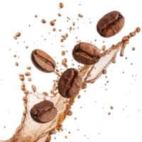 Coffee Beans Splashing in Brown Liquid Dynamic Motion Energy Burst png