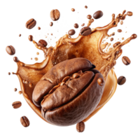 Roasted Coffee Bean Splashing into Coffee Liquid with Many Coffee Beans png