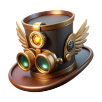 serene contemporary A steampunk top hat with intricate gears, goggles, and miniature brass wings, lit by a single spotlight original png