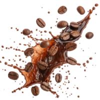 Coffee Beans Splashing in Dark Brown Liquid Dynamic Movement Freeze Motion Photography png