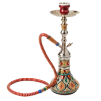 Ornate and Colorful Hookah with Red Hose and Intricate Metalwork png
