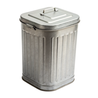 A square galvanized metal trash can with a hinged lid and a carrying handle on top png