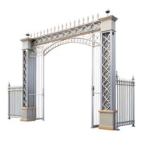 Elegant White Metal Archway Gate with Ornate Details and Matching Fence Sections png