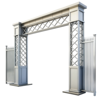 Modern Architectural Metal Gate Entrance with Xshaped Framework and Sliding Panels png