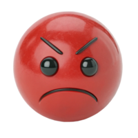 3D Render of an Angry Red Emoticon Sphere with Frowning Face and Dark Eyebrows png