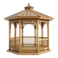 Elegant Octagonal Wooden Gazebo with Shingle Roof and Railing for Garden or Backyard png