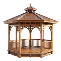 Hexagonal Wooden Gazebo with Shingle Roof and Elegant Design for Garden or Backyard png