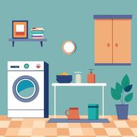 Minimalist Laundry Room with White Front Loading Washing Machine vector