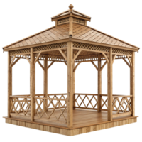 Elegant Wooden Gazebo with Intricate Lattice and XDesign Railings for Garden Relaxation png