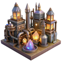 wonderful traditional A steampunk cityscape with towering clockwork buildings and interconnected pipelines, illuminated by the warm glow of streetlamps powered by glowing crystals premium png