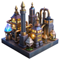 dramatic abstract A steampunk cityscape with towering clockwork buildings and interconnected pipelines, illuminated by the warm glow of streetlamps powered by glowing crystals exclusive png