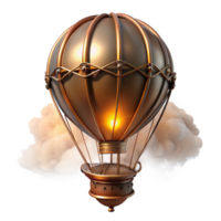 vibrant classic A steampunk hot air balloon with a brass and copper gondola, floating against a backdrop of swirling clouds, illuminated by the golden rays of a setting sun detailed png
