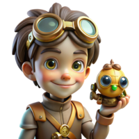 stunning creative A portrait of a steampunk child with oversized goggles and a mischievous grin, holding a miniature robotic companion, lit by a soft, playful light high resolution png