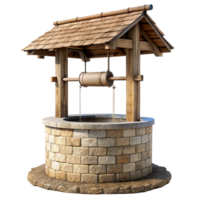 A 3D Render of a Rustic Wooden and Stone Wishing Well with a Shingle Roof png