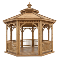 Octagonal Wooden Gazebo with intricate details and a natural wood finish png