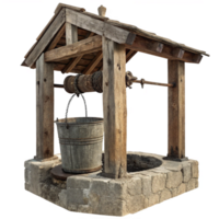 Rustic Wooden Well with Weathered Bucket and Stone Base in a Countryside Setting png