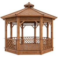 Octagonal Wooden Gazebo with Lattice Detailing and a Conical Roof png