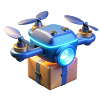 dramatic modern A futuristic drone delivering a package, sleek aerodynamic design, glowing blue lights indicating its trajectory, lit by a warm sunset light, product design style original png