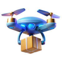 stunning abstract A futuristic drone delivering a package, sleek aerodynamic design, glowing blue lights indicating its trajectory, lit by a warm sunset light, product design style genuine png