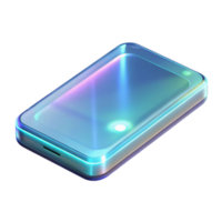 vibrant creative A transparent smartphone displaying a holographic interface, futuristic design, light reflecting off its edges, lit by a cool white light, product design style professional png