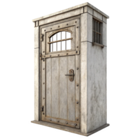 A 3D Render of an Old Weathered Stone and Wood Prison Cell Door with a Small Window png