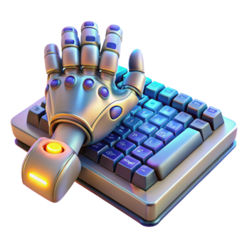 utöver det vanliga abstrakt en robot hand skriver på en holografiska tangentbord, invecklad mekanisk detaljer, belyst förbi en värma omgivande ljus, cyberpunk stil original- png