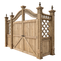 Ornate Wooden Gate with Intricate Carvings and Lattice Detailing png