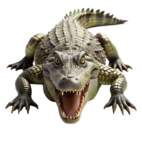 A terrifying closeup view of a large alligator, its jaws open wide, revealing sharp teeth, powerful legs and claws, set against a black background png