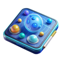 elegant vintage A transparent tablet displaying a holographic map of the solar system, futuristic design and glowing planets, lit by a cool blue light, educational technology style 4K png