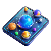 vibrant classic A transparent tablet displaying a holographic map of the solar system, futuristic design and glowing planets, lit by a cool blue light, educational technology style premium png