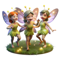 serene contemporary A group of playful pixies with shimmering wings, dancing in a moonlit meadow, illuminated by the soft glow of fireflies. Whimsical, storybook style detailed png