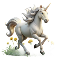 serene minimalist A graceful unicorn with a silver horn and flowing white mane, galloping through a field of wildflowers, bathed in golden sunlight. Romantic, fantasy art style detailed png