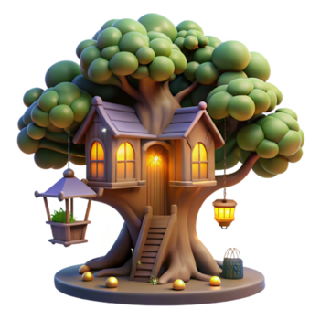 straordinario moderno un' capriccioso casa sull'albero annidato nel il rami di un' gigante quercia, ornato con raggiante lanterne, illuminato di il morbido splendore di crepuscolo. accogliente, fiaba stile originale png