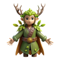 stunning artistic A powerful druid with antlers and leafy garments, communing with nature spirits in a forest grove, bathed in dappled sunlight. Earthy, natural style high resolution png