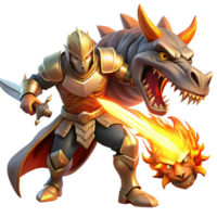 beautiful abstract A brave knight in shining armor, wielding a flaming sword, charging towards a monstrous beast, lit by the fiery glow of the battle. Heroic fantasy art style exclusive png