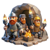 elegant classic A group of adventurous dwarves mining for gems in a cavern, illuminated by the flickering light of their torches. Realistic, gritty style premium png