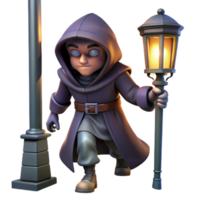 magnificent modern A cunning rogue with a hooded cloak and a dagger, sneaking through a darkened alleyway, illuminated by a single streetlamp. Noir fantasy style premium png