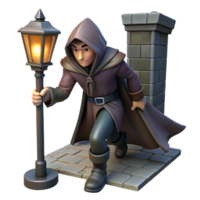serene vintage A cunning rogue with a hooded cloak and a dagger, sneaking through a darkened alleyway, illuminated by a single streetlamp. Noir fantasy style high resolution png