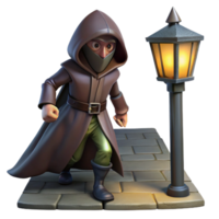 serene abstract A cunning rogue with a hooded cloak and a dagger, sneaking through a darkened alleyway, illuminated by a single streetlamp. Noir fantasy style premium png