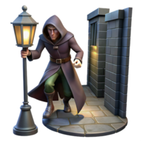 extraordinary rustic A cunning rogue with a hooded cloak and a dagger, sneaking through a darkened alleyway, illuminated by a single streetlamp. Noir fantasy style exclusive png