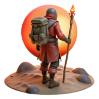 wonderful contemporary A lone wanderer with a worn leather backpack and a staff, traversing a desolate wasteland, lit by a blood-red sunset. Post-apocalyptic fantasy style authentic png