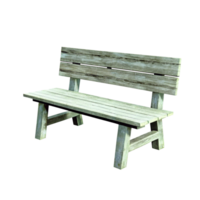 A weathered rustic wooden park bench with backrest isolated on black background png