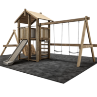 Wooden Children's Playground Set with Slide and Swings on a Gray Surface png