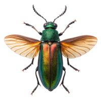 Magnificent iridescent beetle with vibrant green and gold hues showcasing intricate details of its wings and body png