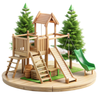 Wooden Playset in a Circular Sandbox with Two Pine Trees and Green Slide png
