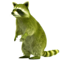 A digitally rendered image of a vibrant green raccoon standing on its hind legs against a black background png