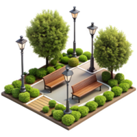 Isometric View of a Relaxing Park Scene with Benches and Lampposts png