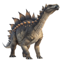 A detailed 3D render of a Stegosaurus dinosaur with gray and brown scales and a row of plates and spikes along its back png