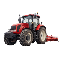 Powerful Red Farm Tractor with Attached Agricultural Implement png